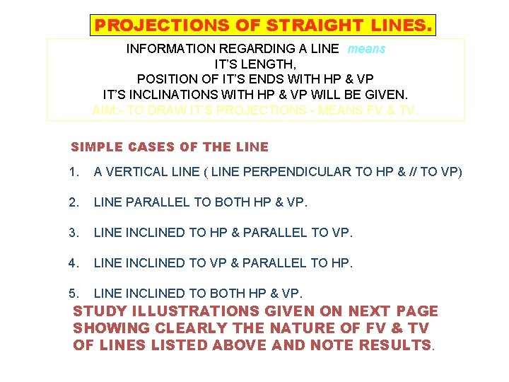PROJECTIONS OF STRAIGHT LINES. INFORMATION REGARDING A LINE means IT’S LENGTH, POSITION OF IT’S