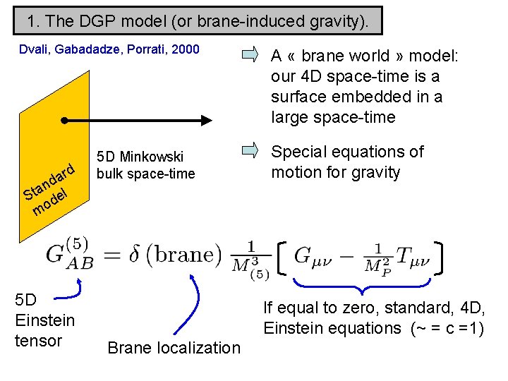1. The DGP model (or brane-induced gravity). Dvali, Gabadadze, Porrati, 2000 rd a nd