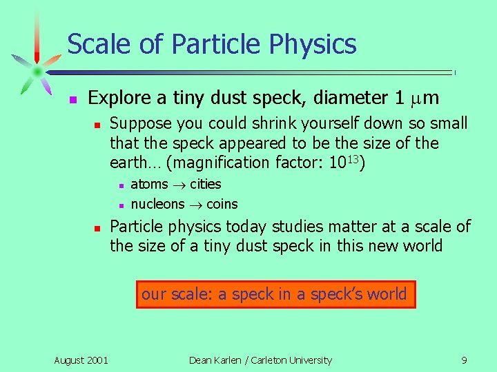 Scale of Particle Physics n Explore a tiny dust speck, diameter 1 mm n