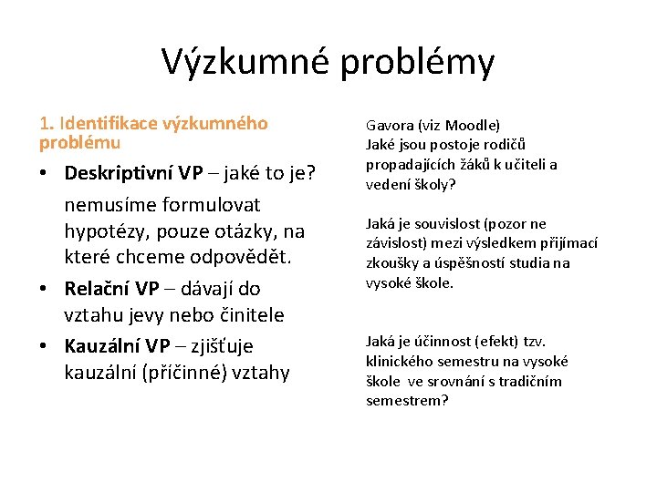 Výzkumné problémy 1. Identifikace výzkumného problému • Deskriptivní VP – jaké to je? nemusíme