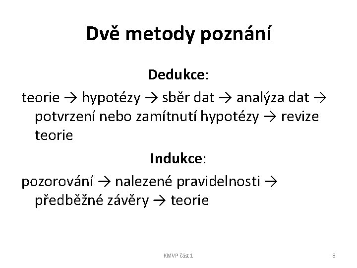 Dvě metody poznání Dedukce: teorie → hypotézy → sběr dat → analýza dat →