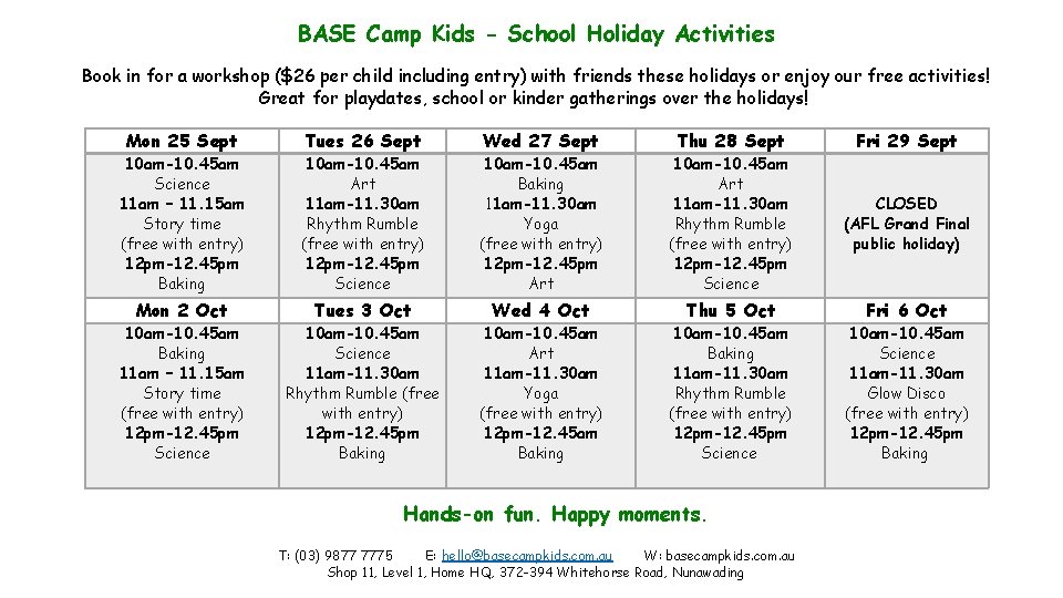 BASE Camp Kids - School Holiday Activities Book in for a workshop ($26 per