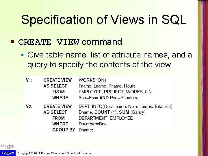 Specification of Views in SQL § CREATE VIEW command § Give table name, list