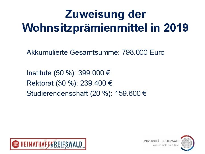 Zuweisung der Wohnsitzprämienmittel in 2019 Akkumulierte Gesamtsumme: 798. 000 Euro Institute (50 %): 399.