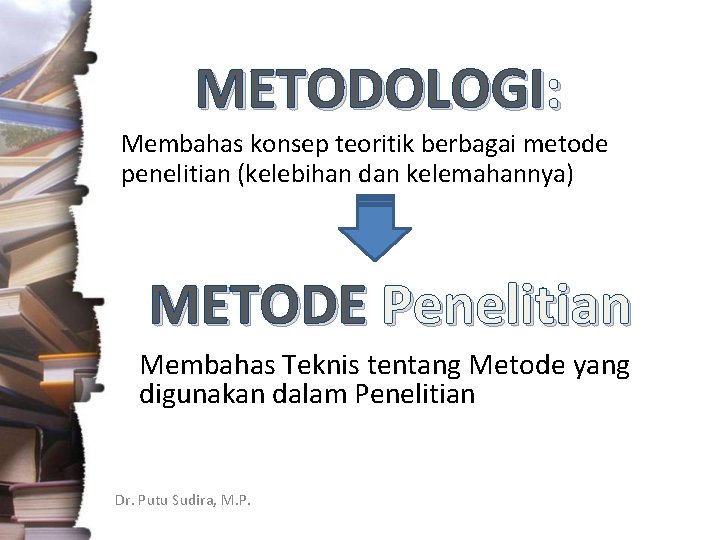 METODOLOGI: Membahas konsep teoritik berbagai metode penelitian (kelebihan dan kelemahannya) METODE Penelitian Membahas Teknis