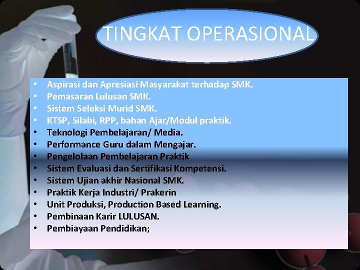 TINGKAT OPERASIONAL • • • • Aspirasi dan Apresiasi Masyarakat terhadap SMK. Pemasaran Lulusan