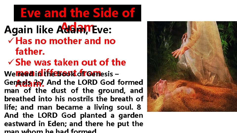 Eve and the Side of Adam. Eve: Again like Adam, ü Has no mother