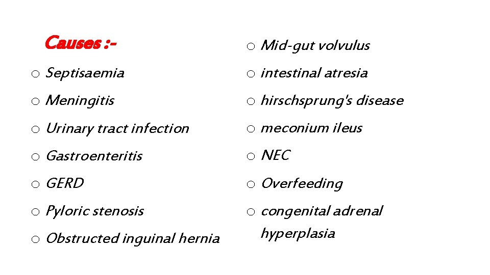 Causes : - o Mid-gut volvulus o Septisaemia o intestinal atresia o Meningitis o