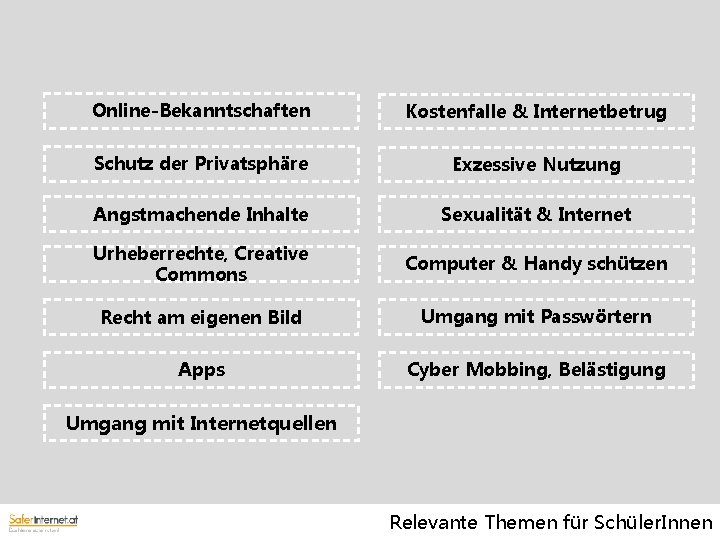 Online-Bekanntschaften Kostenfalle & Internetbetrug Schutz der Privatsphäre Exzessive Nutzung Angstmachende Inhalte Sexualität & Internet