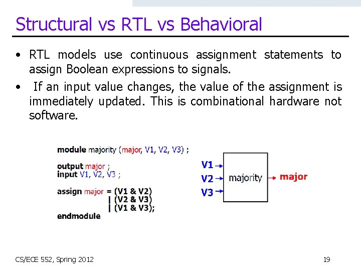 Structural vs RTL vs Behavioral • RTL models use continuous assignment statements to assign