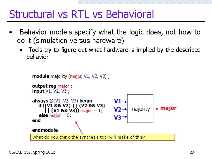 Structural vs RTL vs Behavioral • Behavior models specify what the logic does, not