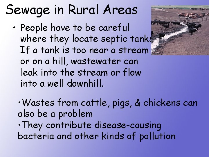 Sewage in Rural Areas • People have to be careful where they locate septic