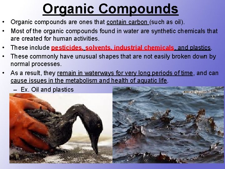 Organic Compounds • Organic compounds are ones that contain carbon (such as oil). •