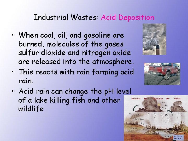 Industrial Wastes: Acid Deposition • When coal, oil, and gasoline are burned, molecules of