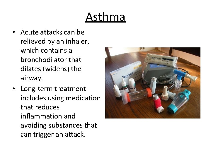 Asthma • Acute attacks can be relieved by an inhaler, which contains a bronchodilator