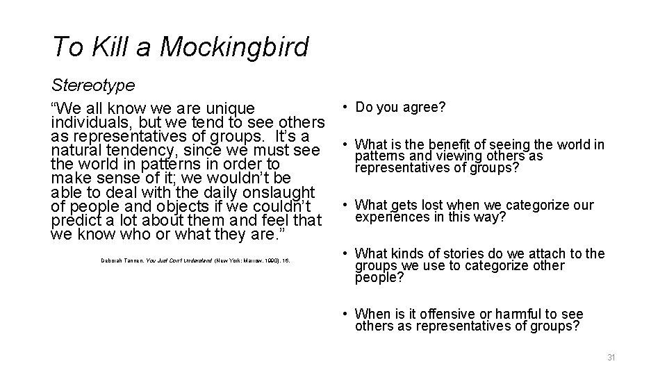 To Kill a Mockingbird Stereotype “We all know we are unique individuals, but we