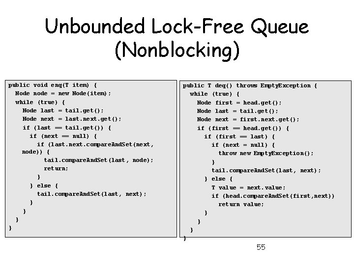 Unbounded Lock-Free Queue (Nonblocking) public void enq(T item) { Node node = new Node(item); Unbounded Lock-Free Queue (Nonblocking) public void enq(T item) { Node node = new Node(item);