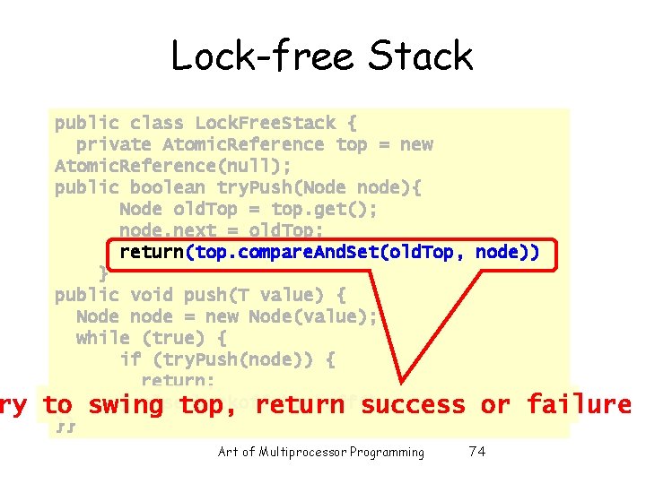 ry Lock-free Stack public class Lock. Free. Stack { private Atomic. Reference top = ry Lock-free Stack public class Lock. Free. Stack { private Atomic. Reference top =