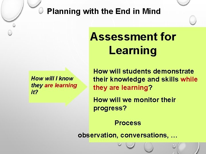Planning with the End in Mind Assessment for Learning How will I know they