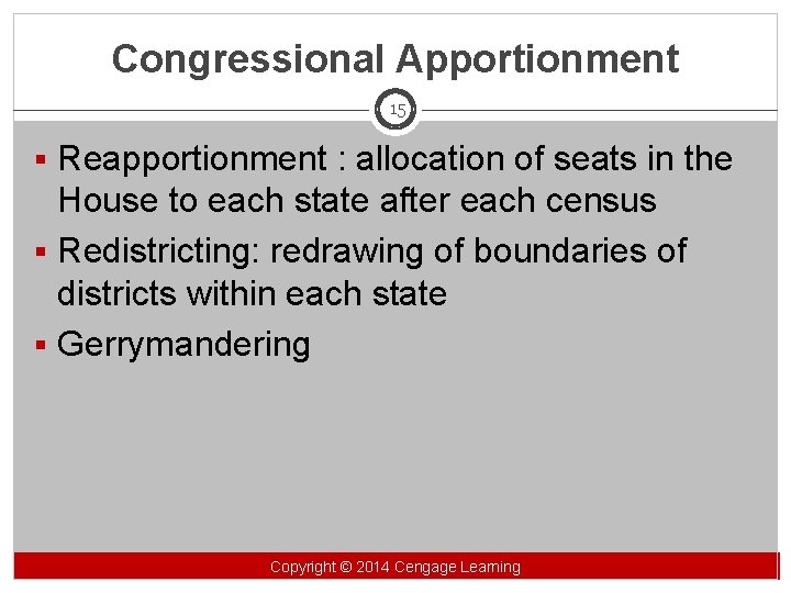 Congressional Apportionment 15 § Reapportionment : allocation of seats in the House to each