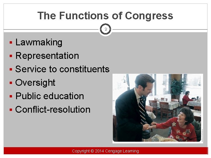 The Functions of Congress 2 § Lawmaking § Representation § Service to constituents §