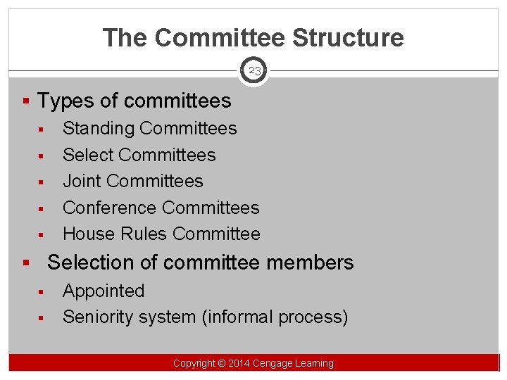 The Committee Structure 23 § Types of committees § Standing Committees § Select Committees