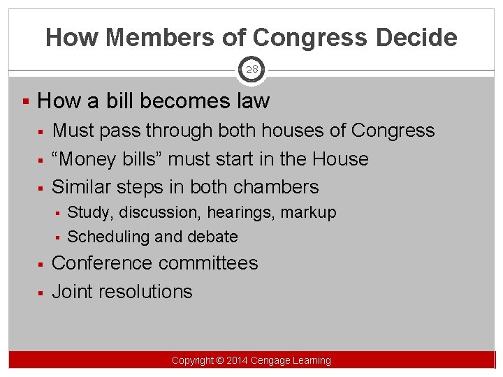 How Members of Congress Decide 28 § How a bill becomes law § Must