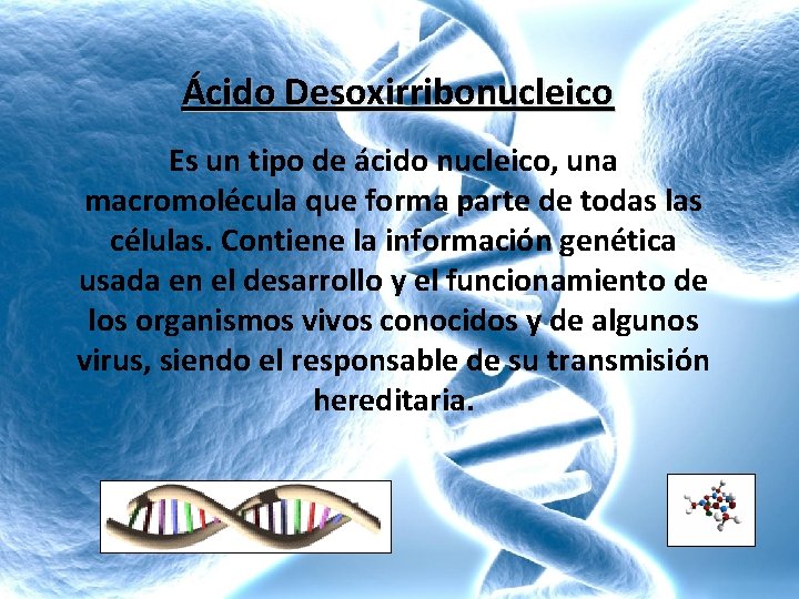 Ácido Desoxirribonucleico Es un tipo de ácido nucleico, una macromolécula que forma parte de