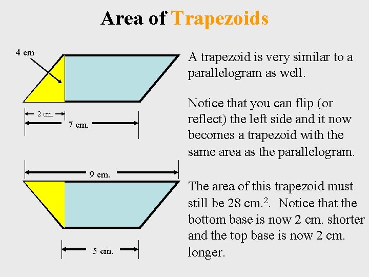 Area of Trapezoids 4 cm A trapezoid is very similar to a parallelogram as
