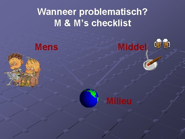 Wanneer problematisch? M & M’s checklist Mens Middel Milieu 