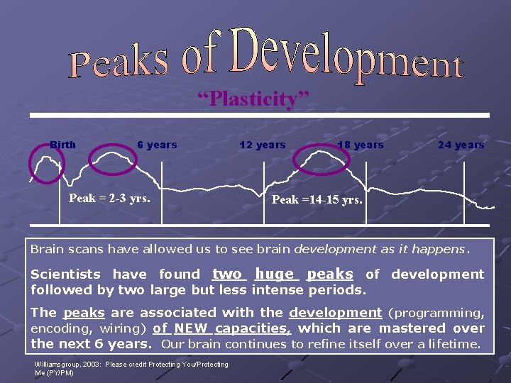 “Plasticity” Birth 6 years Peak = 2 -3 yrs. 12 years 18 years 24