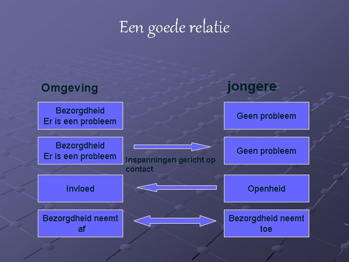 Een goede relatie jongere Omgeving Bezorgdheid Er is een probleem Geen probleem Inspanningen gericht