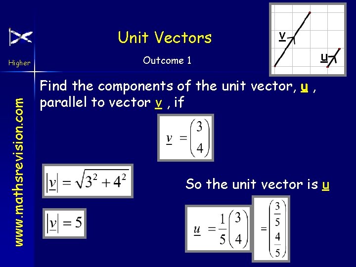 Unit Vectors www. mathsrevision. com Higher v Outcome 1 u Find the components of