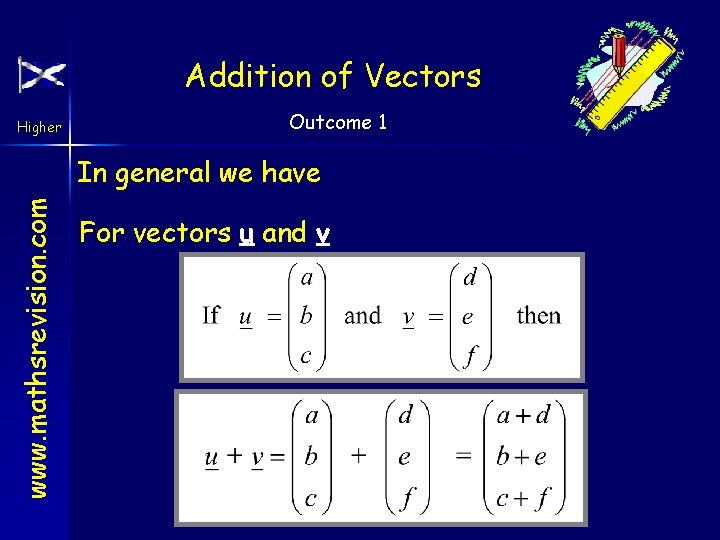 Addition of Vectors Higher Outcome 1 www. mathsrevision. com In general we have For