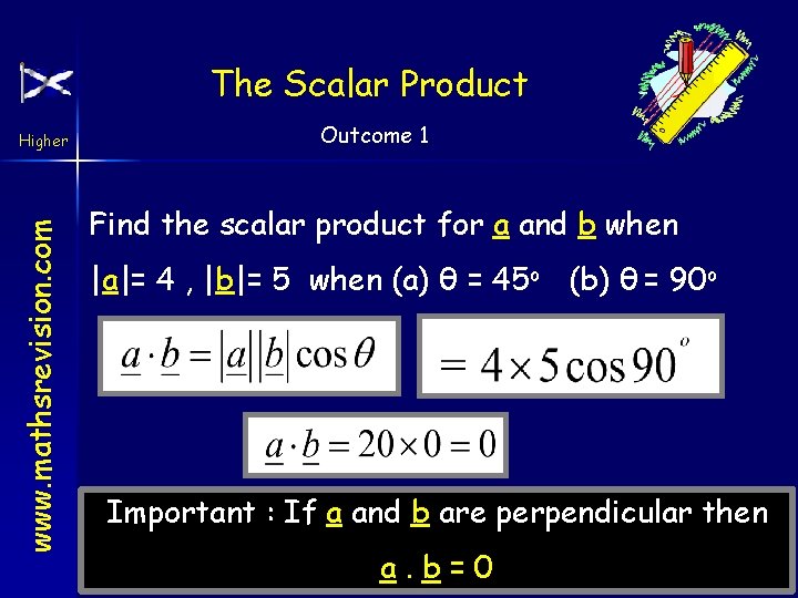 The Scalar Product www. mathsrevision. com Higher Outcome 1 Find the scalar product for