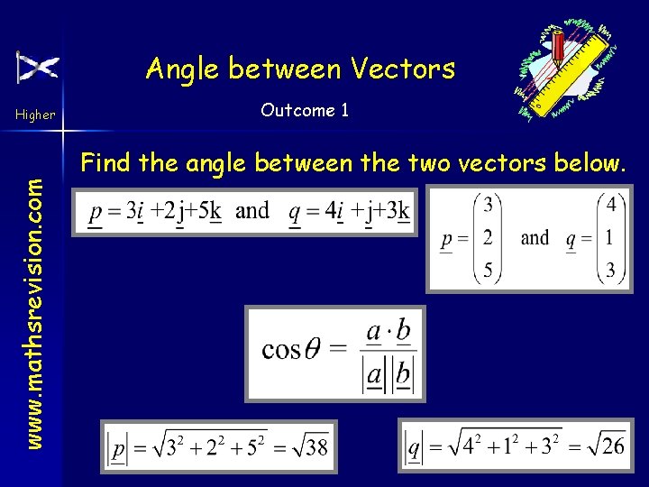 Angle between Vectors www. mathsrevision. com Higher Outcome 1 Find the angle between the