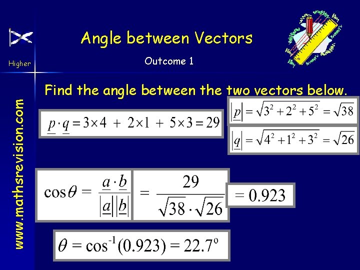 Angle between Vectors www. mathsrevision. com Higher Outcome 1 Find the angle between the