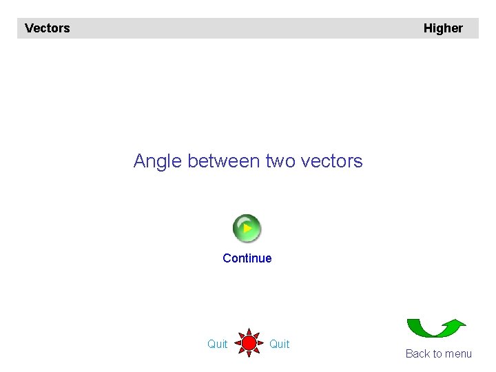 Vectors Higher Angle between two vectors Continue Quit Back to menu 