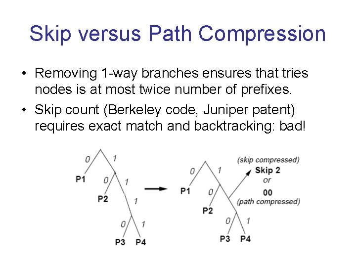 Skip versus Path Compression • Removing 1 -way branches ensures that tries nodes is