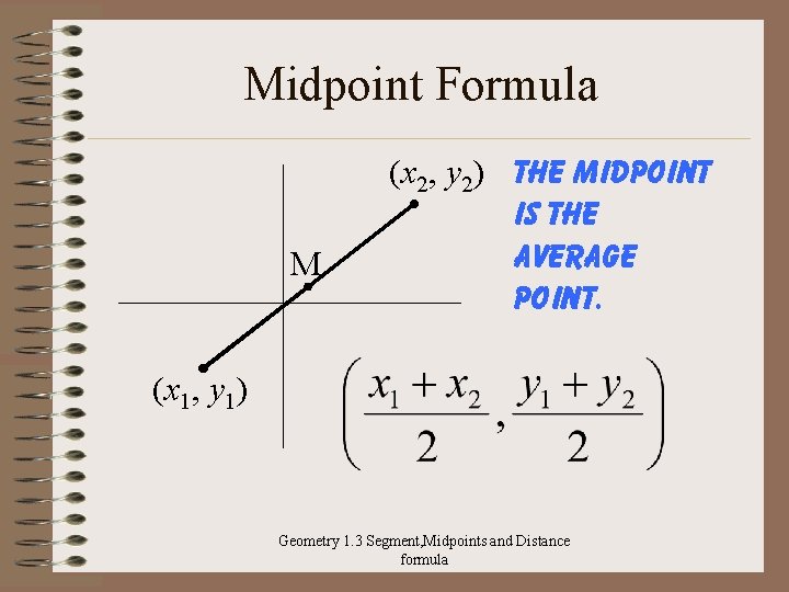 Midpoint Formula M (x 2, y 2) The midpoint is the average point. (x
