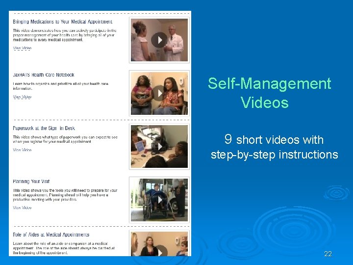 Self-Management Videos 9 short videos with step-by-step instructions 22 