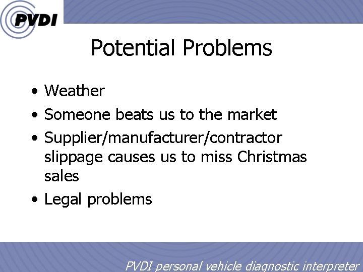 Potential Problems • Weather • Someone beats us to the market • Supplier/manufacturer/contractor slippage