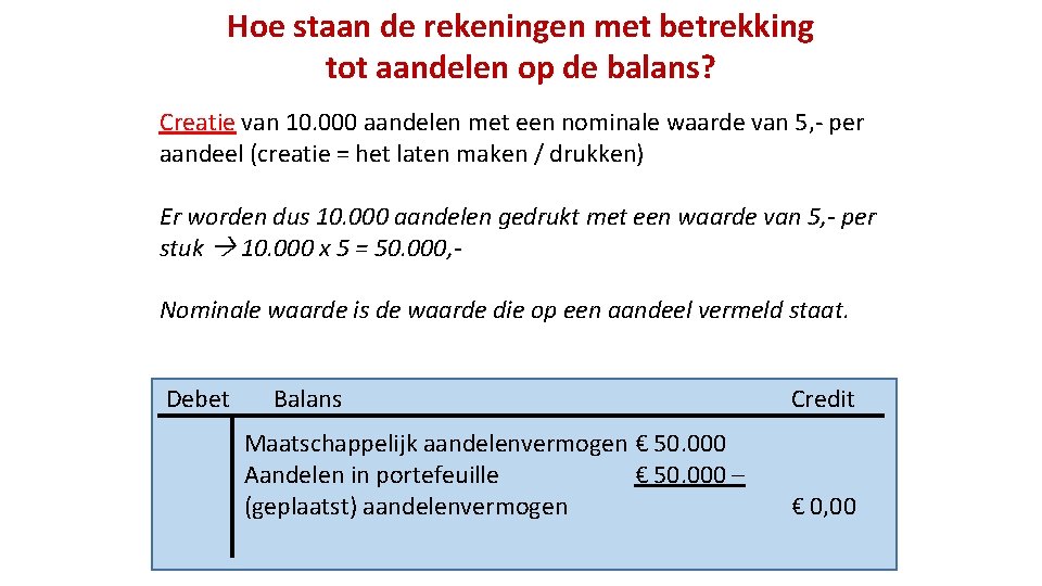 Hoe staan de rekeningen met betrekking tot aandelen op de balans? Creatie van 10.