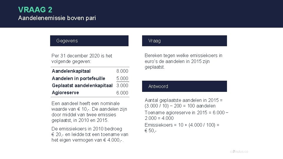 VRAAG 2 Aandelenemissie boven pari Gegevens Vraag Per 31 december 2020 is het volgende