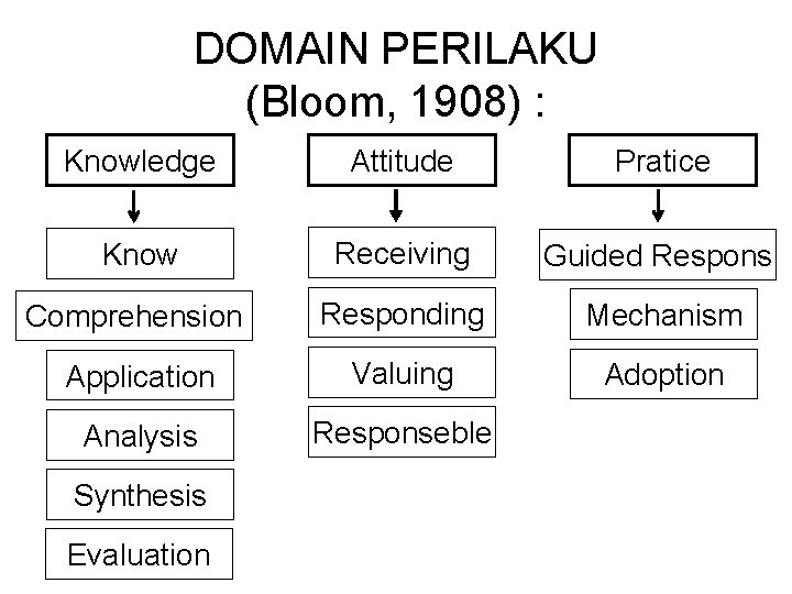 DOMAIN PERILAKU (Bloom, 1908) : Knowledge Attitude Pratice Know Receiving Guided Respons Comprehension Responding