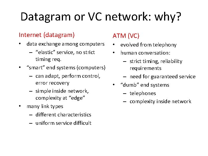 Datagram or VC network: why? Internet (datagram) ATM (VC) • data exchange among computers