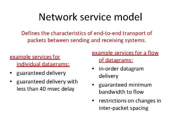 Network service model Defines the characteristics of end-to-end transport of packets between sending and