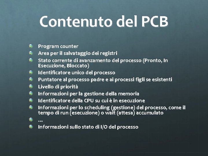 Contenuto del PCB Program counter Area per il salvataggio dei registri Stato corrente di