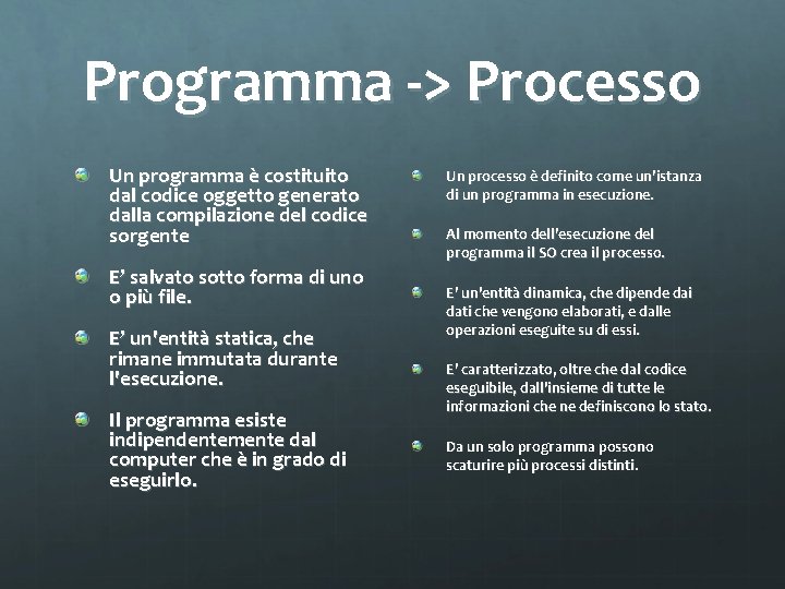 Programma -> Processo Un programma è costituito dal codice oggetto generato dalla compilazione del