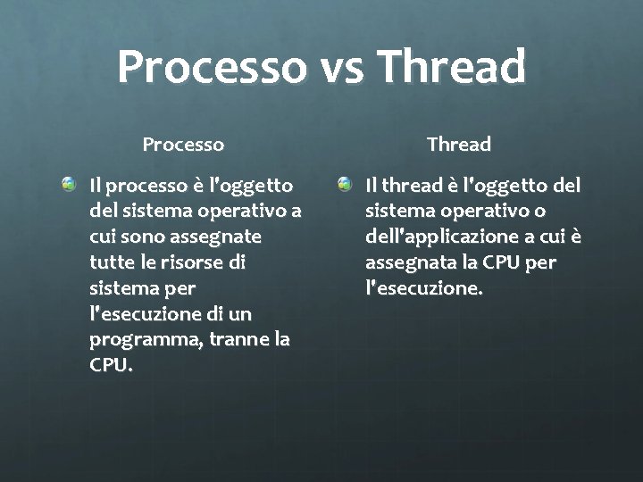 Processo vs Thread Processo Il processo è l'oggetto del sistema operativo a cui sono